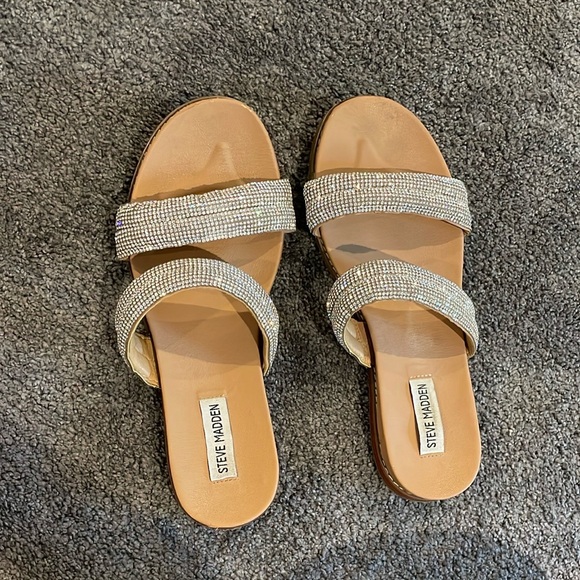 Steve Madden Tan Slide Sandals with Rhinestone Embellishment Straps - Picture 2 of 3